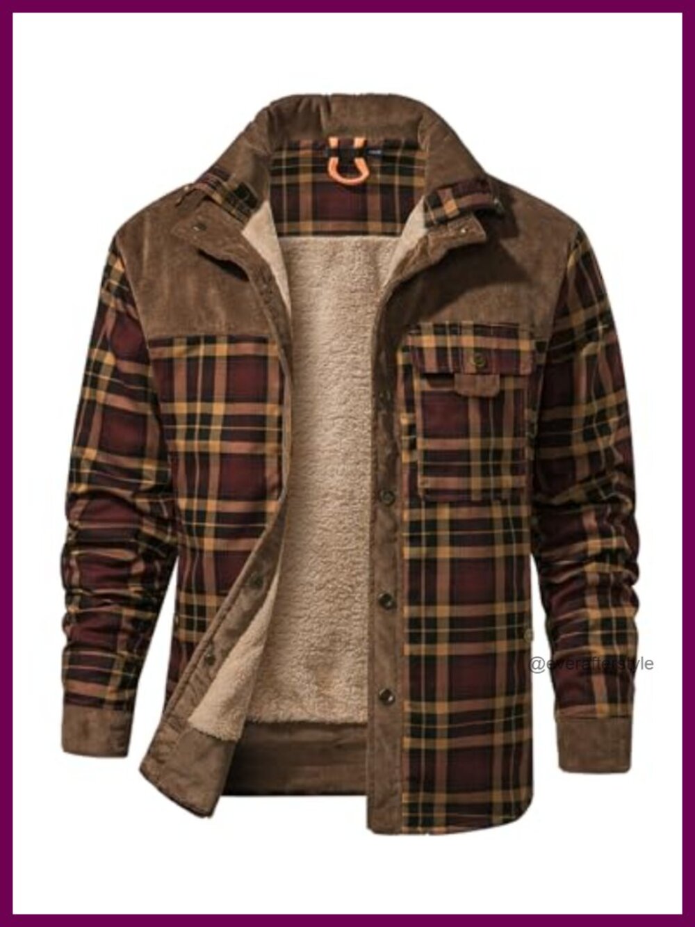 Men's Sherpa Lined Plaid Flannel Jacket Long Sleeve Snap Button Corduroy